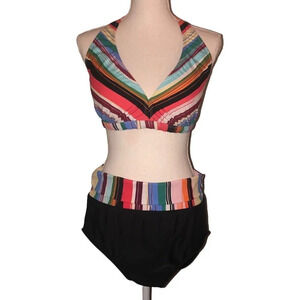 SWIMSUITS FOR ALL Sz 18 Women's Plus Size Striped 2 pc Padded Halter Swimsuit